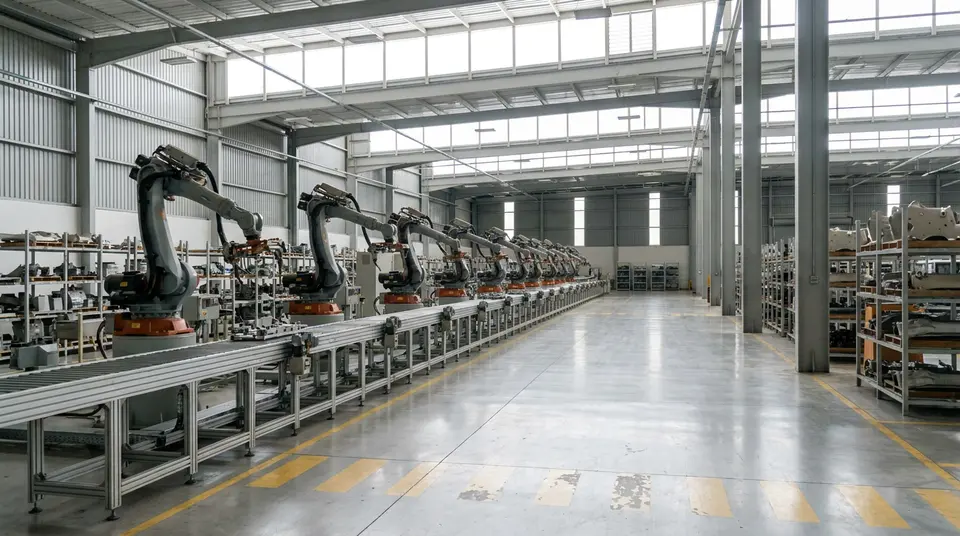 Línea de producción con brazos robóticos en una planta de manufactura