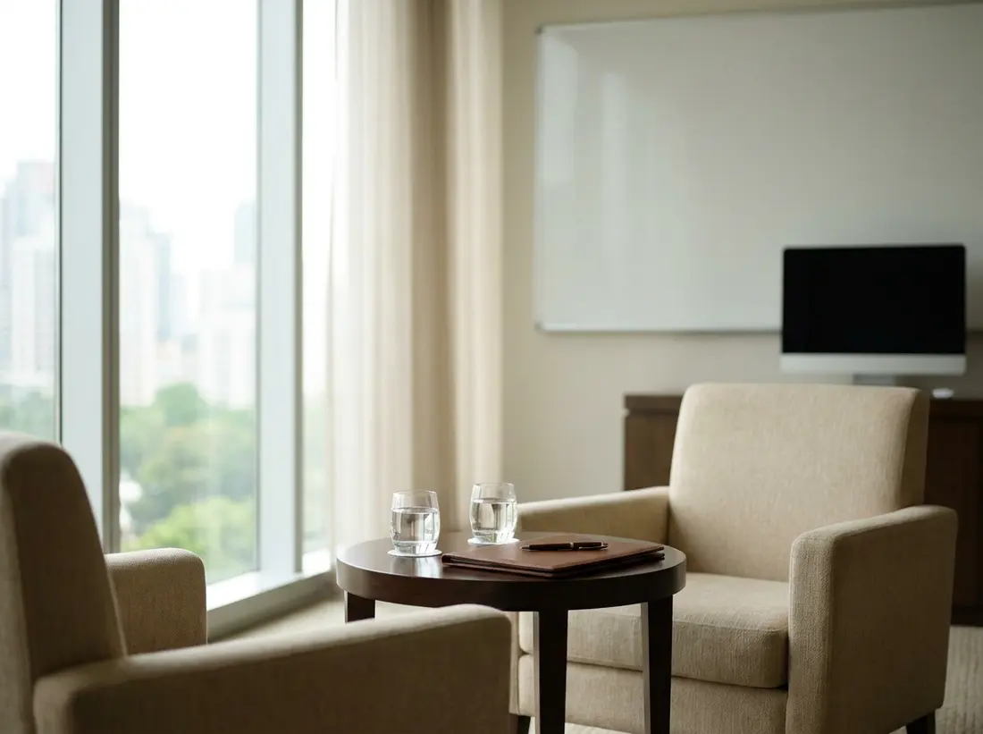 Dos sillones y una mesa preparados para una entrevista